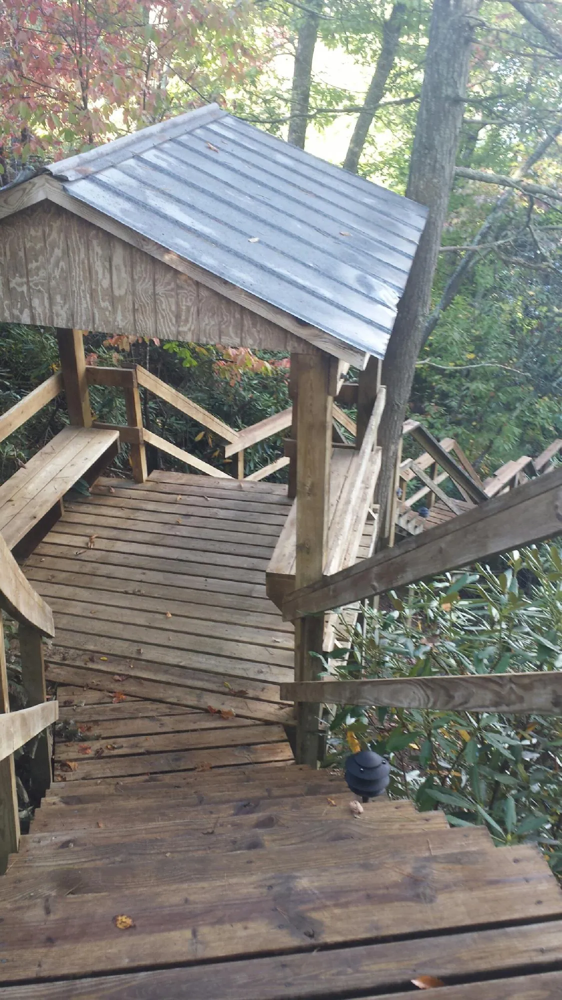 Metal roofed shelter over wooden steps on a wooded walkway — Skylight Repair & Installation work by our crew in Friesland